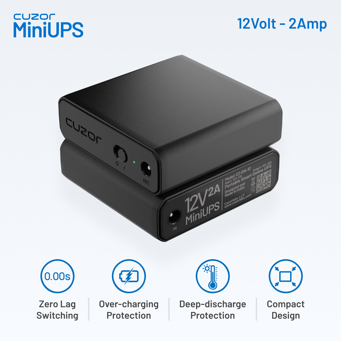 Cuzor Mini RouterUps features. Zero lag switching, over charging protection, deep discharge protection and compact design