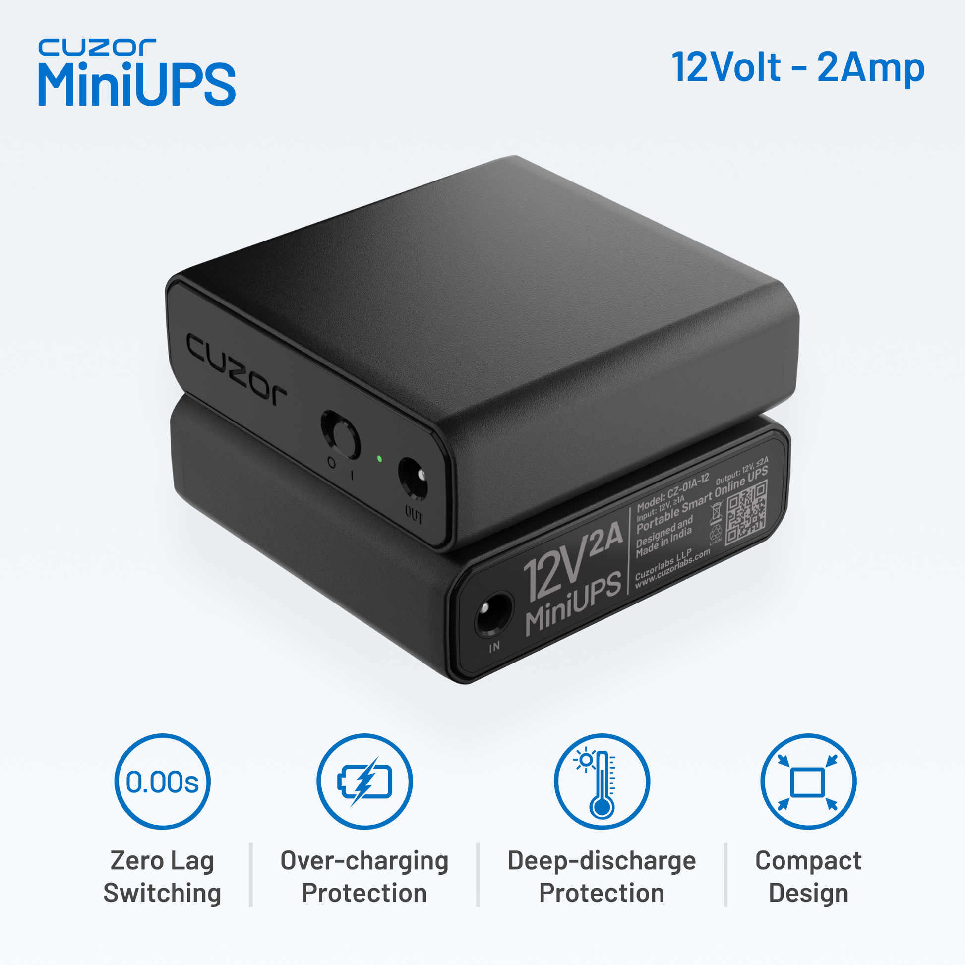 Cuzor Mini RouterUps features. Zero lag switching, over charging protection, deep discharge protection and compact design